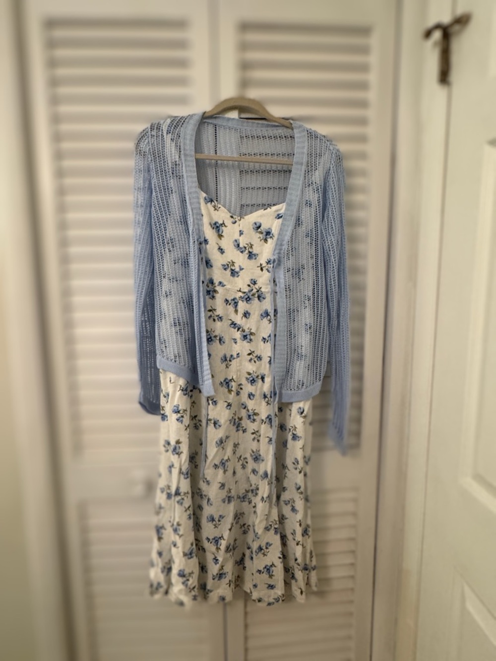 Old Navy Light Blue Floral Midi Fit and Flare Sundress with Crochet Sweater